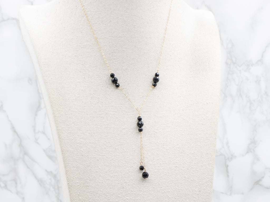 Yellow Gold Faceted Black Onyx Beaded Lariat Necklace