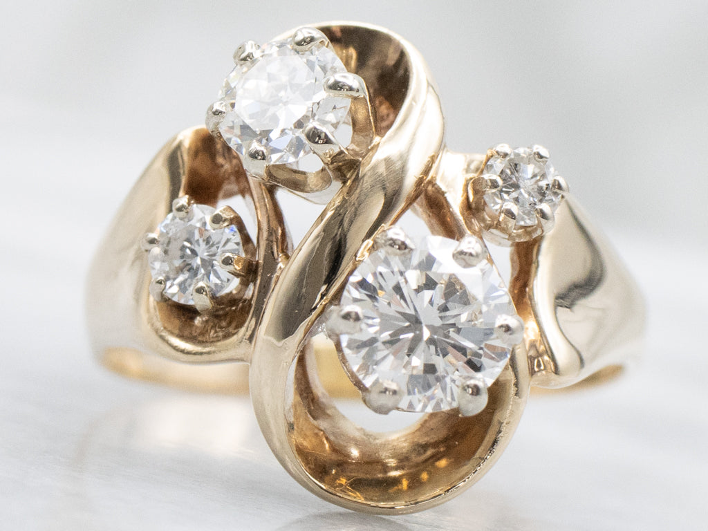 Scrolling Gold and Diamond Freeform Statement Ring