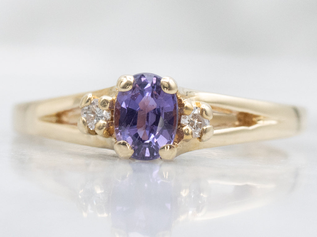 Purple Sapphire and Diamond Vintage Gold Three Stone Ring