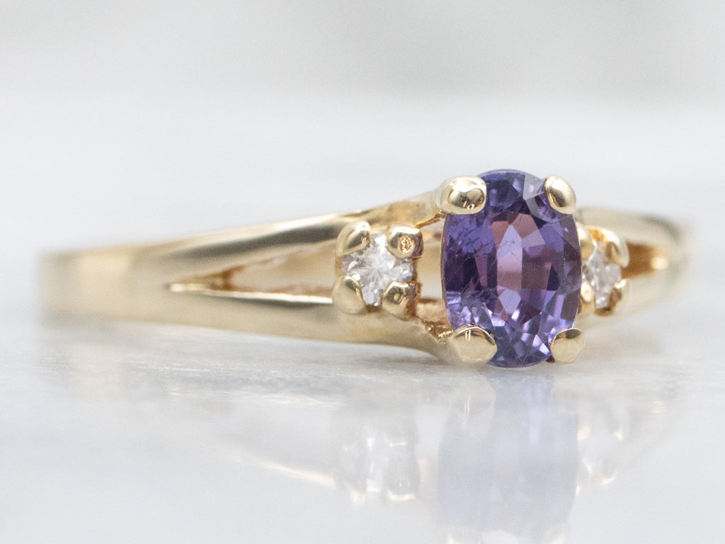 Purple Sapphire and Diamond Vintage Gold Three Stone Ring