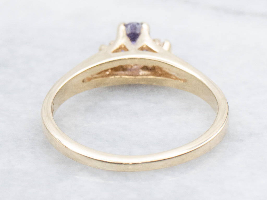 Purple Sapphire and Diamond Vintage Gold Three Stone Ring