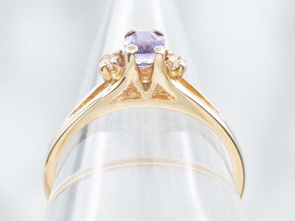 Purple Sapphire and Diamond Vintage Gold Three Stone Ring