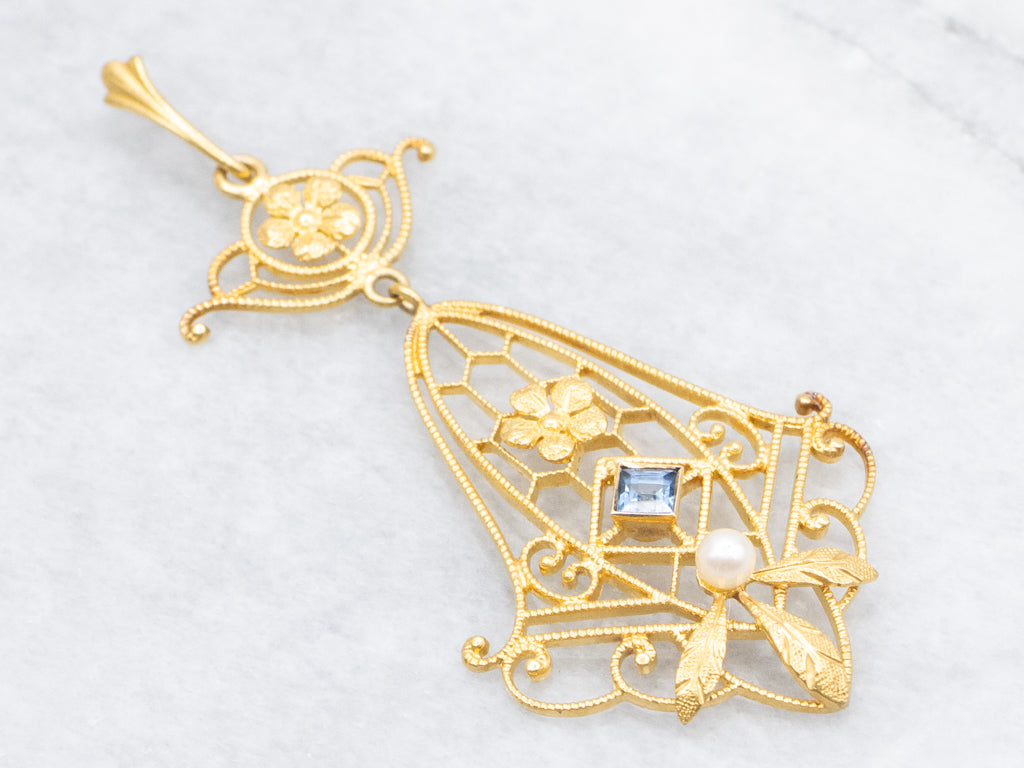 Ornate Sapphire Doublet and Pearl Floral Lavalier Pendant