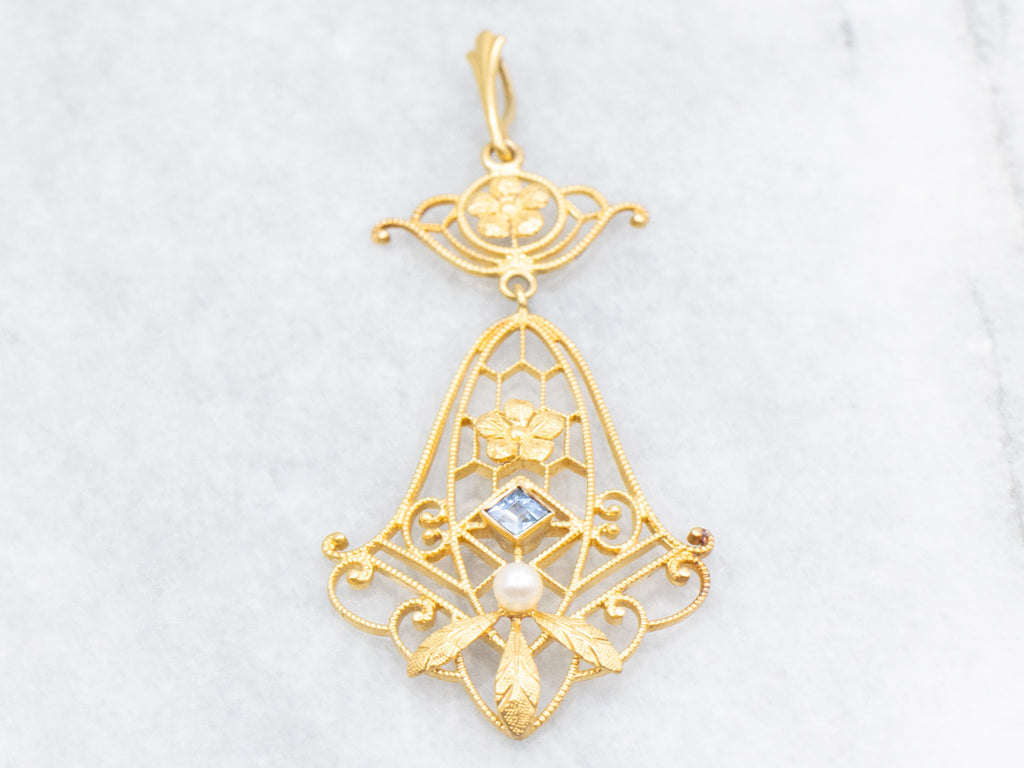 Ornate Sapphire Doublet and Pearl Floral Lavalier Pendant