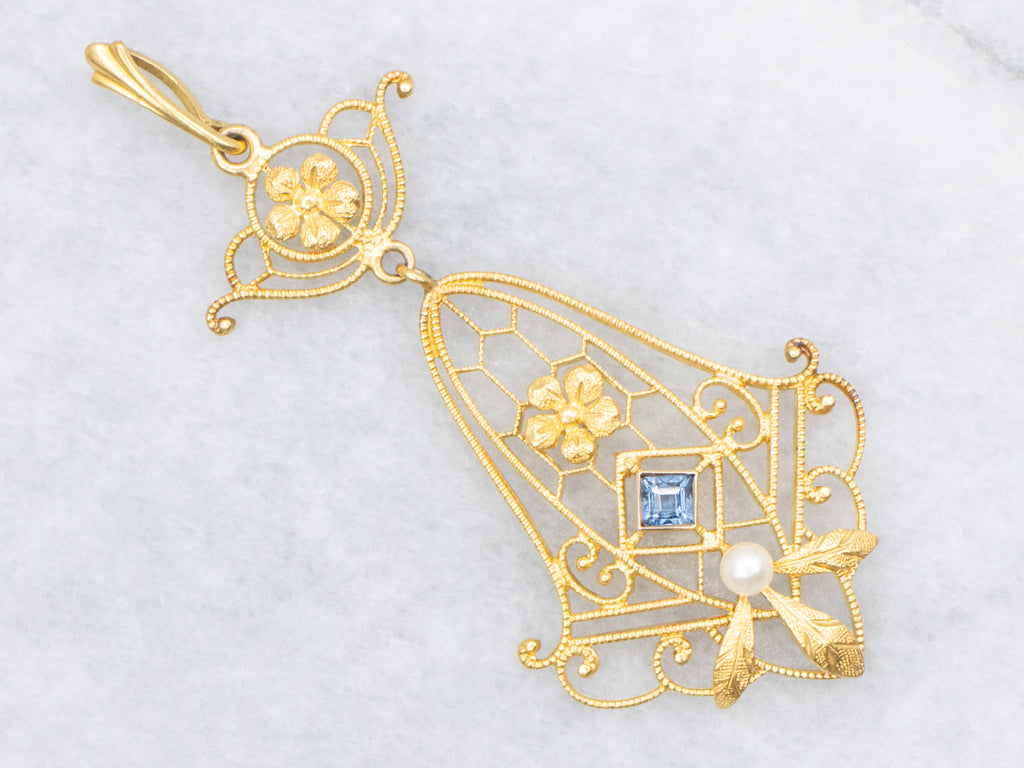Ornate Sapphire Doublet and Pearl Floral Lavalier Pendant