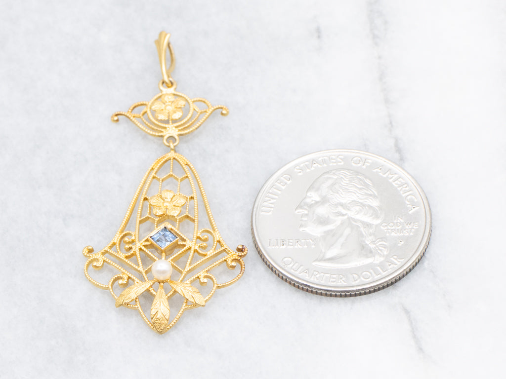 Ornate Sapphire Doublet and Pearl Floral Lavalier Pendant