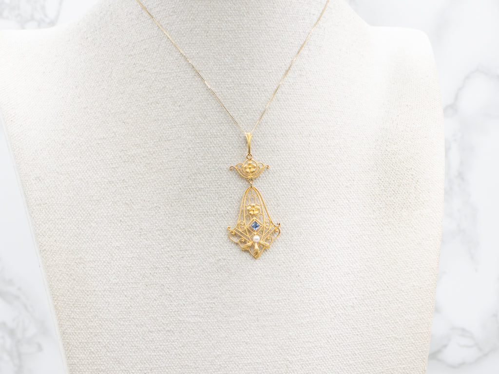 Ornate Sapphire Doublet and Pearl Floral Lavalier Pendant