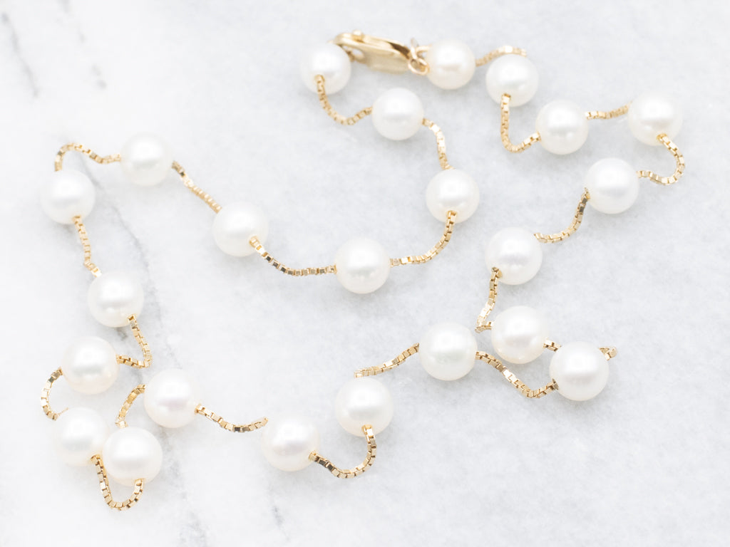 Saltwater Pearl Gold Box-Link Station Chain Necklace