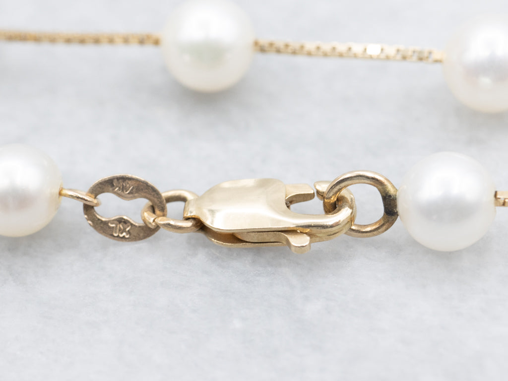 Saltwater Pearl Gold Box-Link Station Chain Necklace