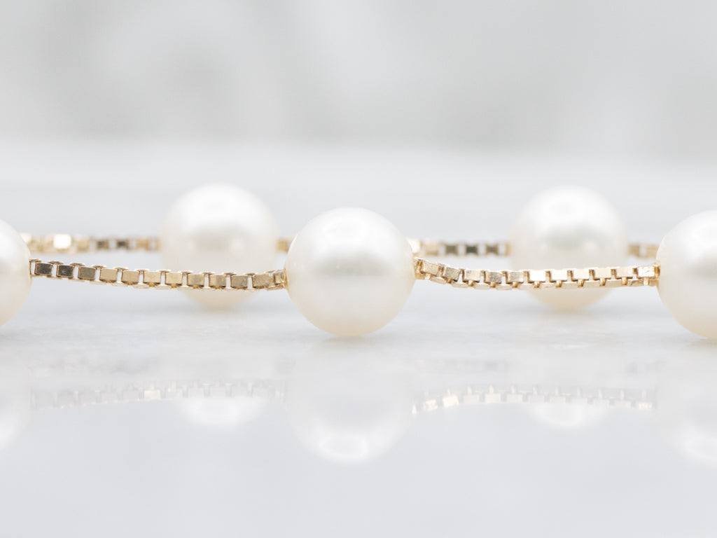 Saltwater Pearl Gold Box-Link Station Chain Necklace