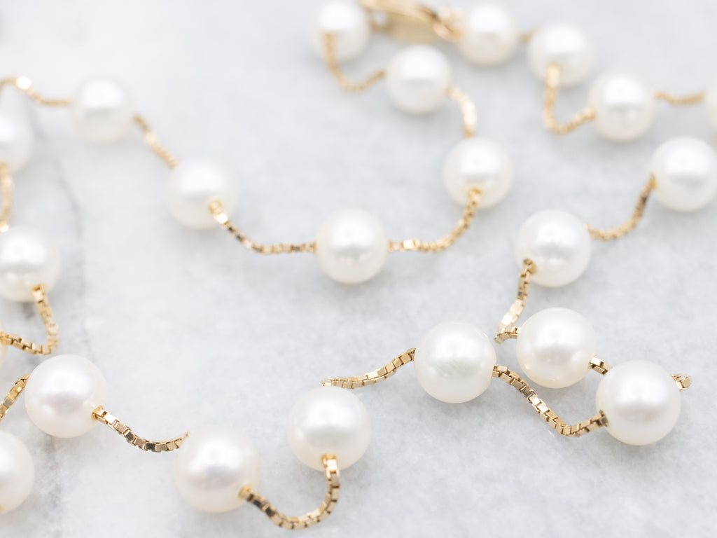 Saltwater Pearl Gold Box-Link Station Chain Necklace