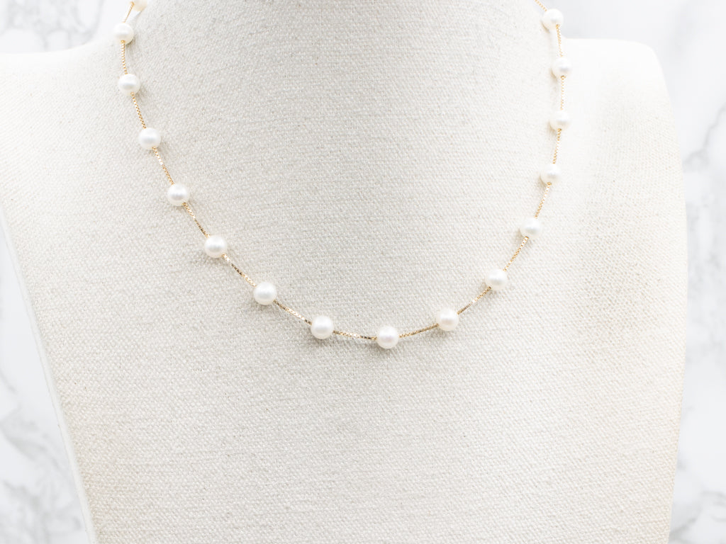 Saltwater Pearl Gold Box-Link Station Chain Necklace