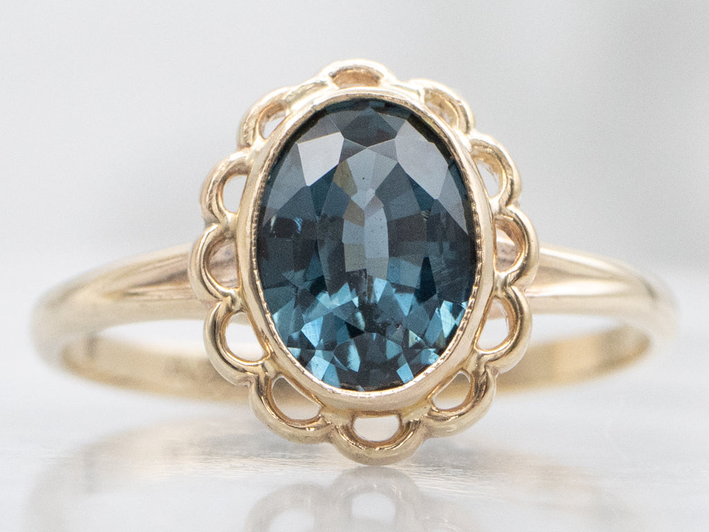 Blue Spinel Vintage Scalloped Gold Solitaire Ring