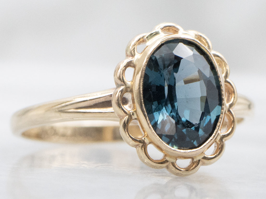 Blue Spinel Vintage Scalloped Gold Solitaire Ring