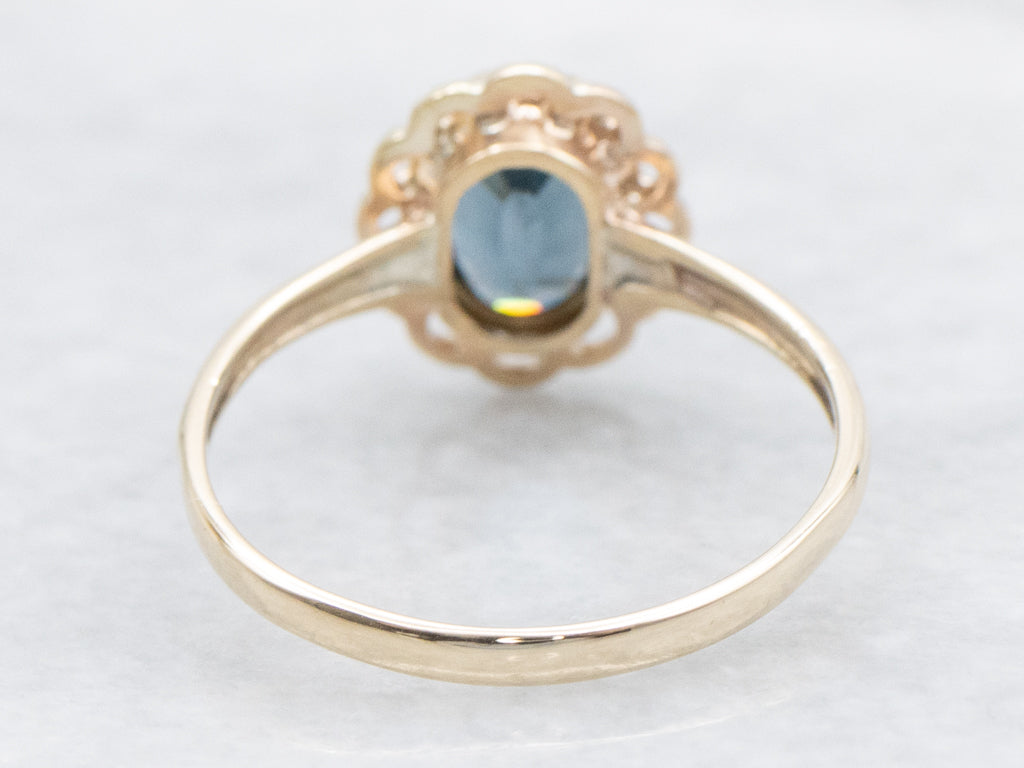 Blue Spinel Vintage Scalloped Gold Solitaire Ring
