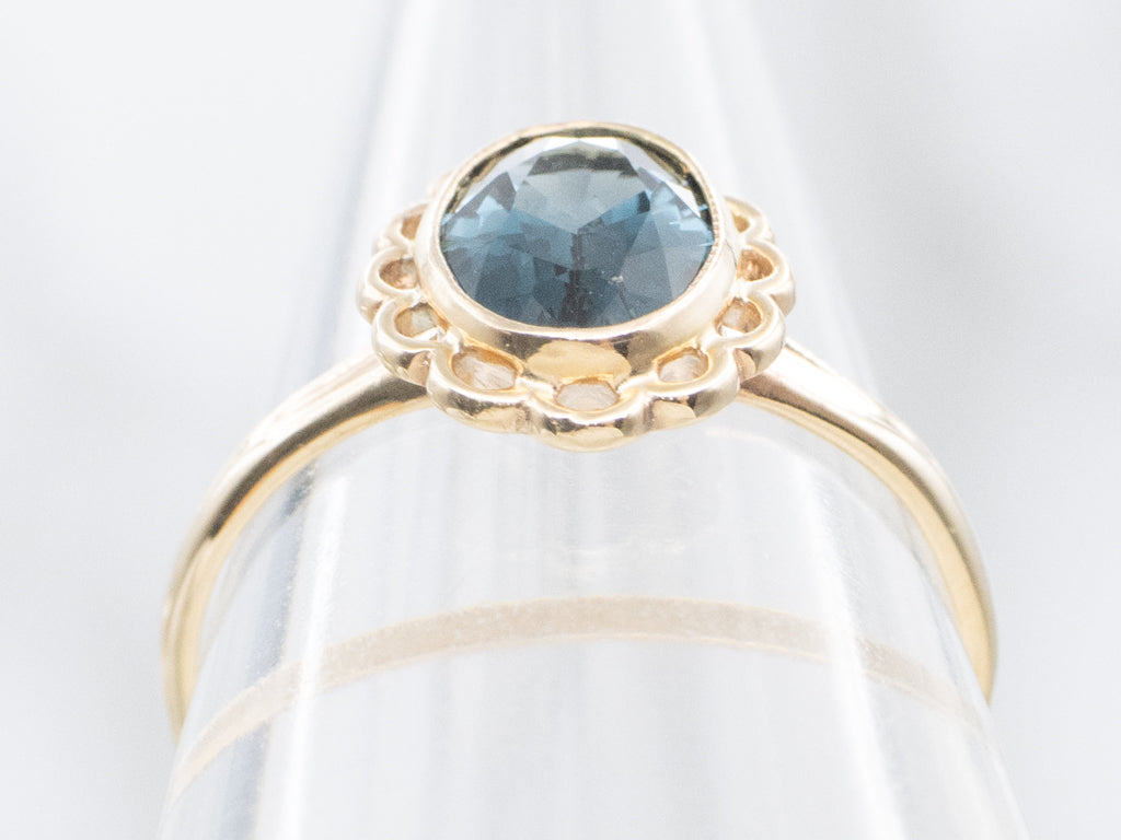 Blue Spinel Vintage Scalloped Gold Solitaire Ring
