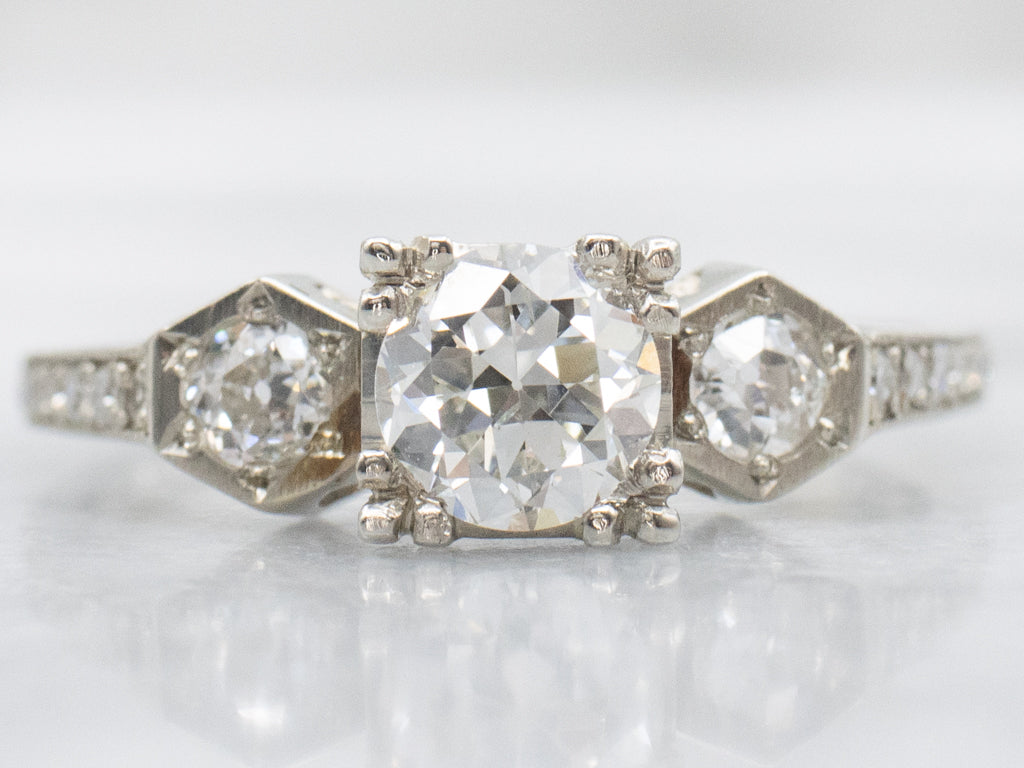 Late Art Deco Old European Cut Diamond White Gold Engagement Ring