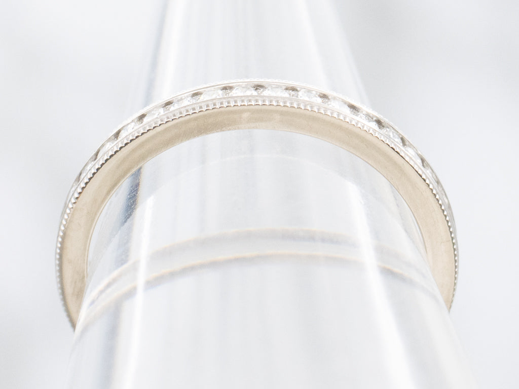 Channel-Set Diamond White Gold Eternity Band with Milgrain Edge