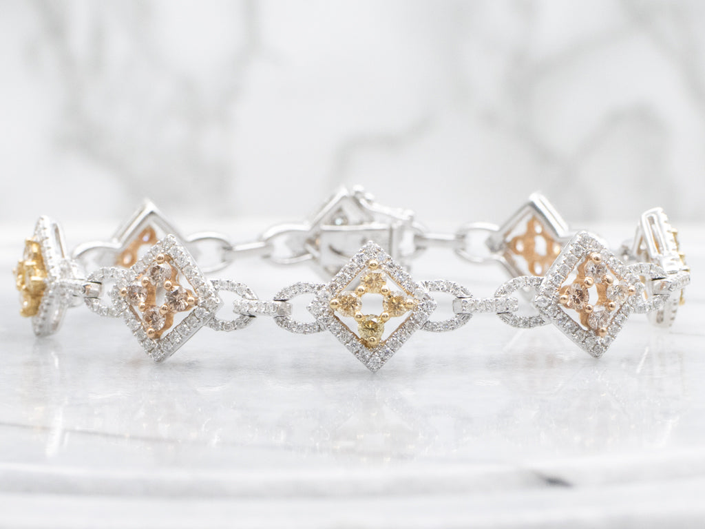 Champagne and Faint Yellow Diamond Tri-Color Gold Link Bracelet
