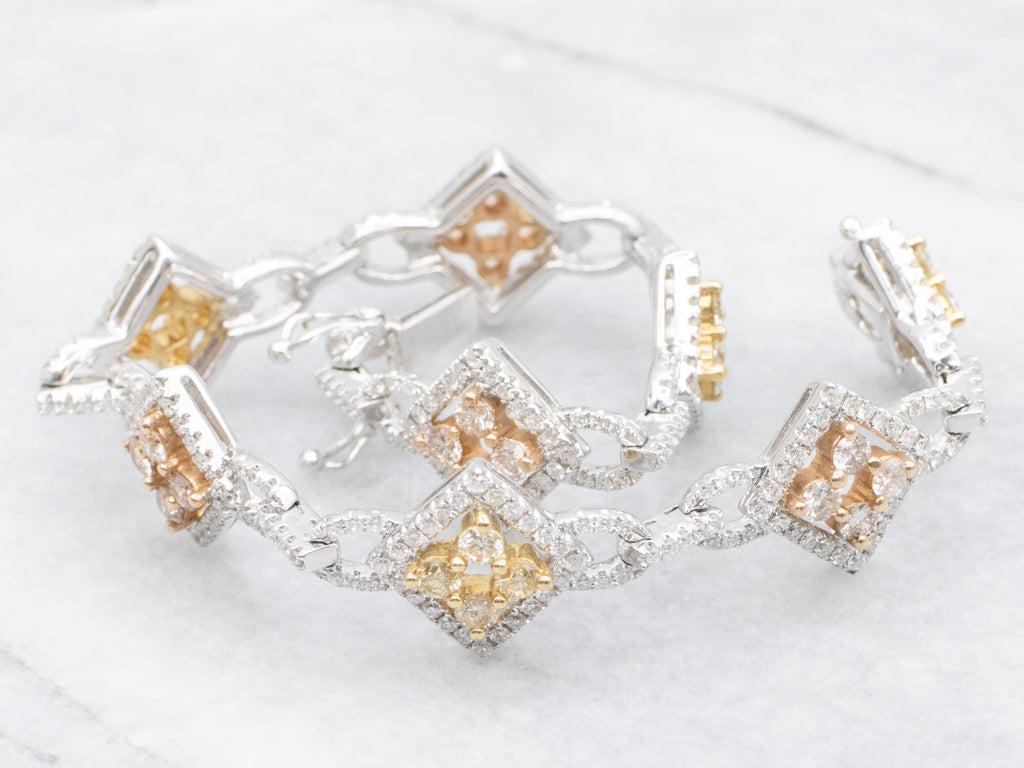 Champagne and Faint Yellow Diamond Tri-Color Gold Link Bracelet
