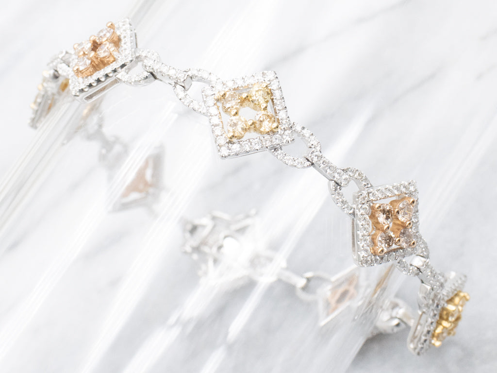 Champagne and Faint Yellow Diamond Tri-Color Gold Link Bracelet