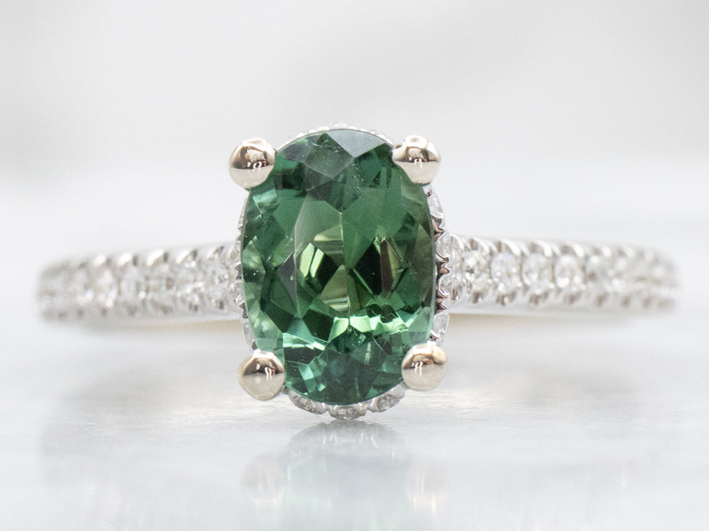 Modern Green Tourmaline and Hidden Diamond Halo Ring
