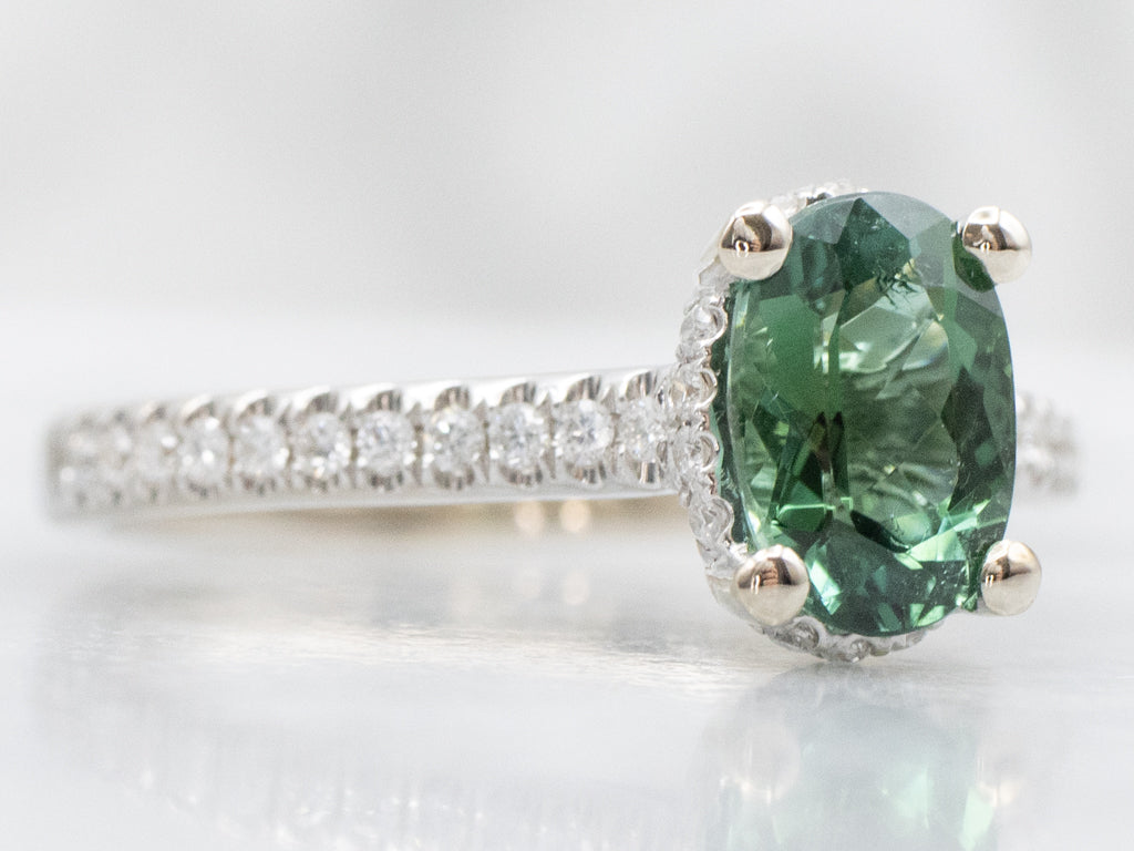 Modern Green Tourmaline and Hidden Diamond Halo Ring