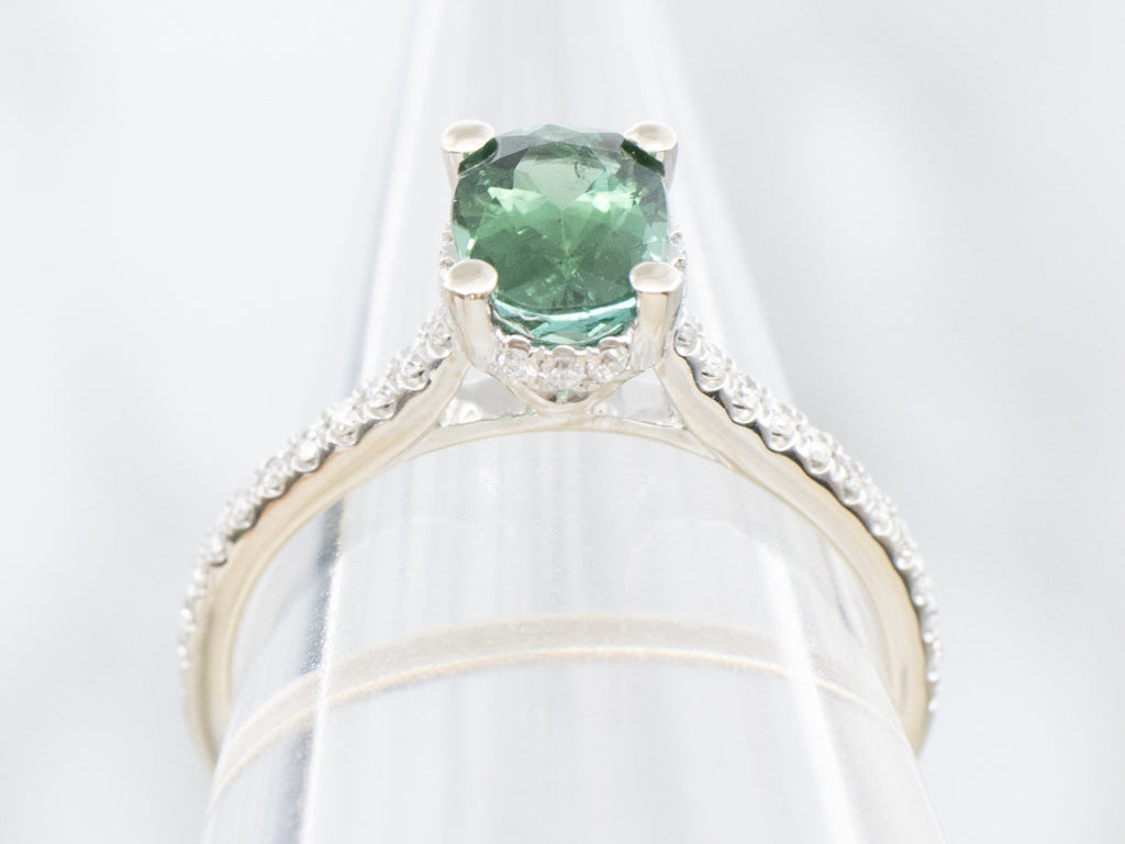 Modern Green Tourmaline and Hidden Diamond Halo Ring