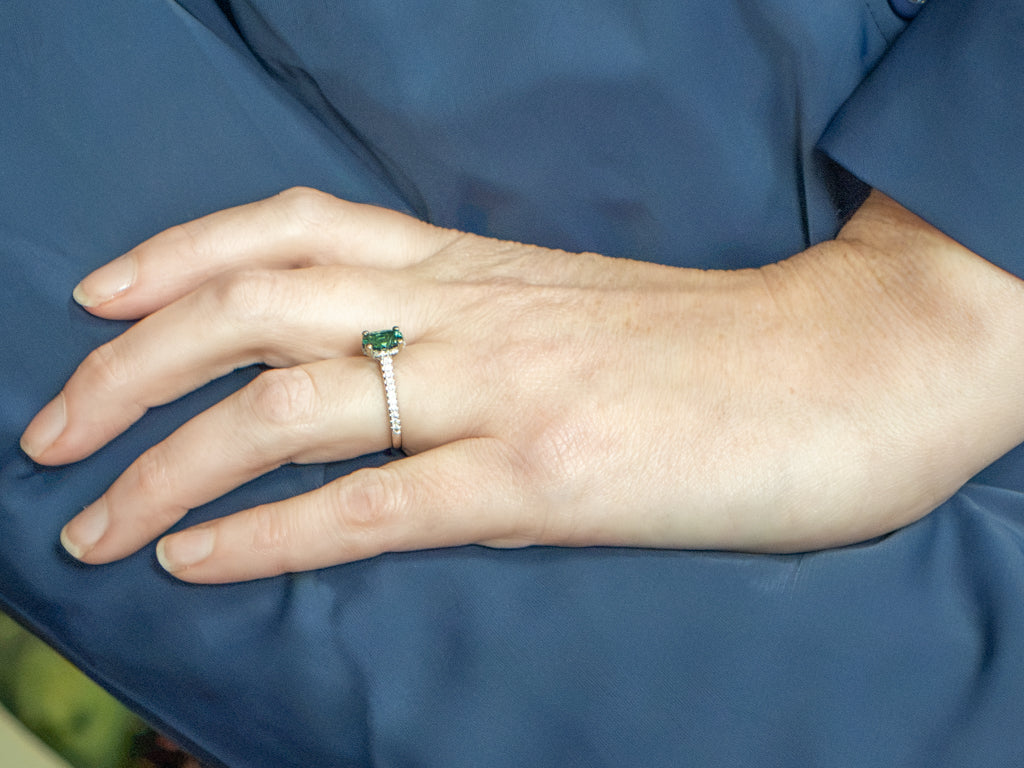 Modern Green Tourmaline and Hidden Diamond Halo Ring