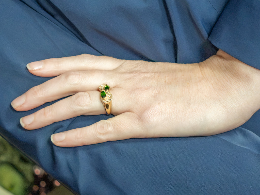 Double Marquise-Cut Diopside and Diamond Infinity Ring