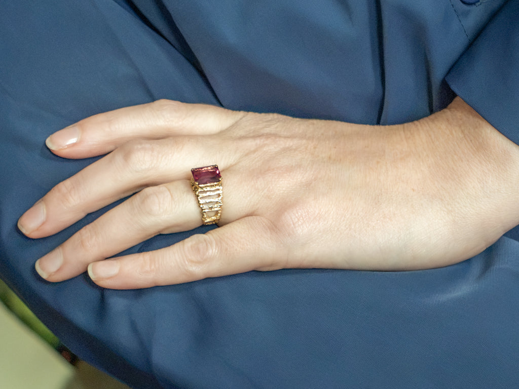 Fancy-Cut Rhodolite Garnet Gold Brutalist-Style Ring