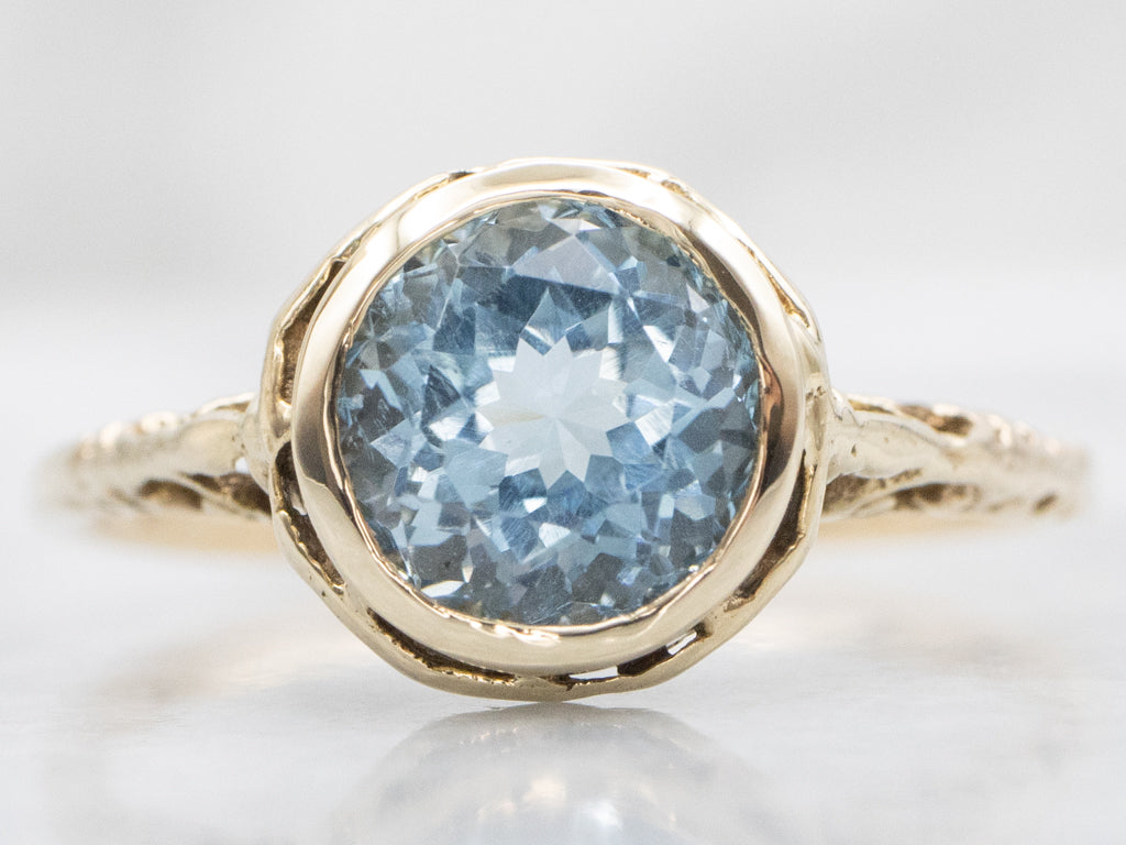 Antique Bezel-Set Aquamarine Gold Filigree Solitaire Ring