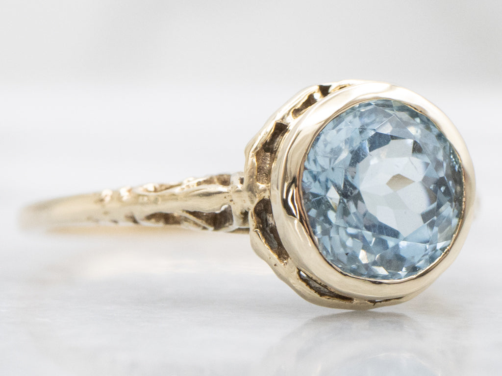 Antique Bezel-Set Aquamarine Gold Filigree Solitaire Ring