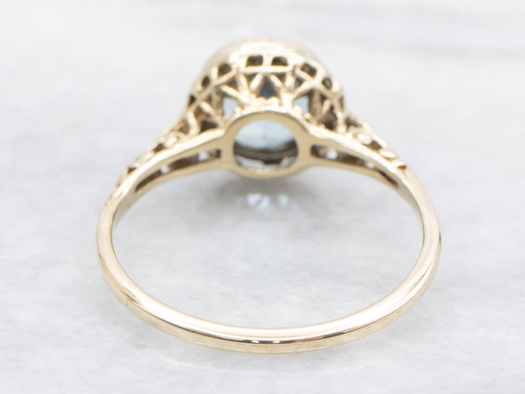 Antique Bezel-Set Aquamarine Gold Filigree Solitaire Ring