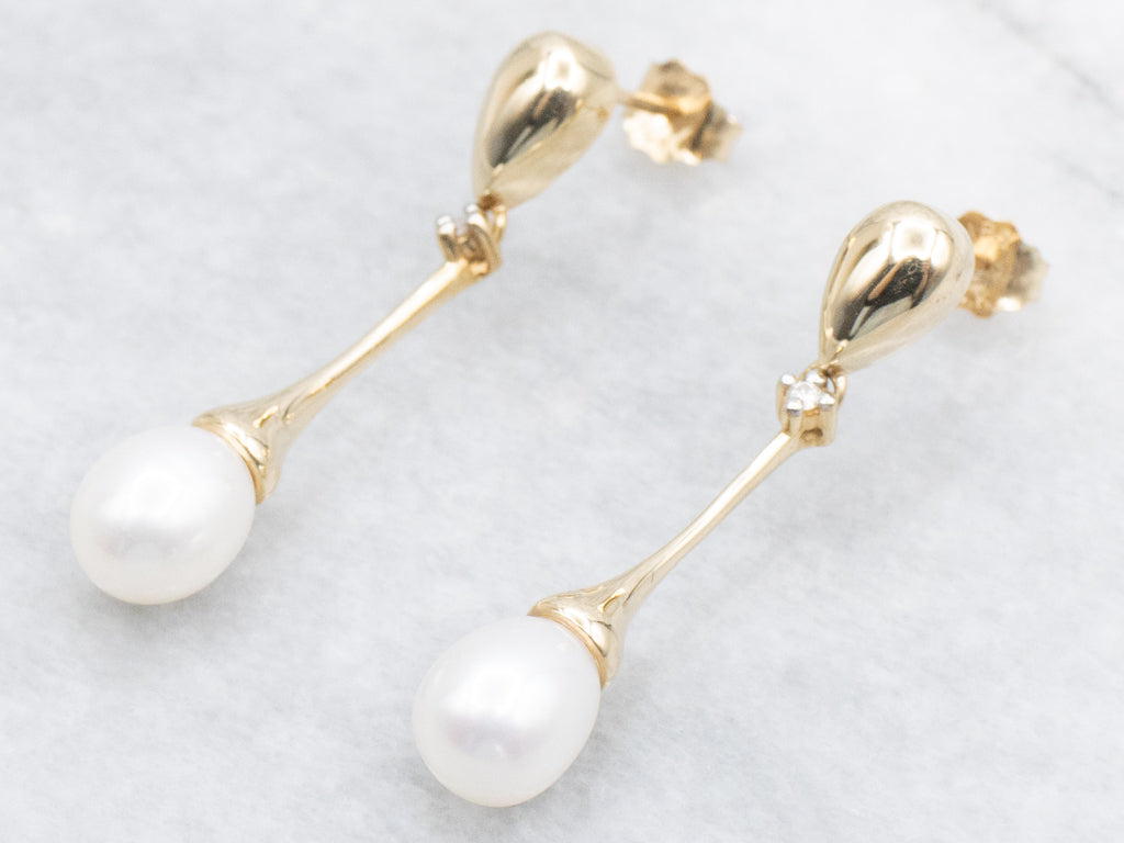 Pearl and Diamond Gold Drop Earrings