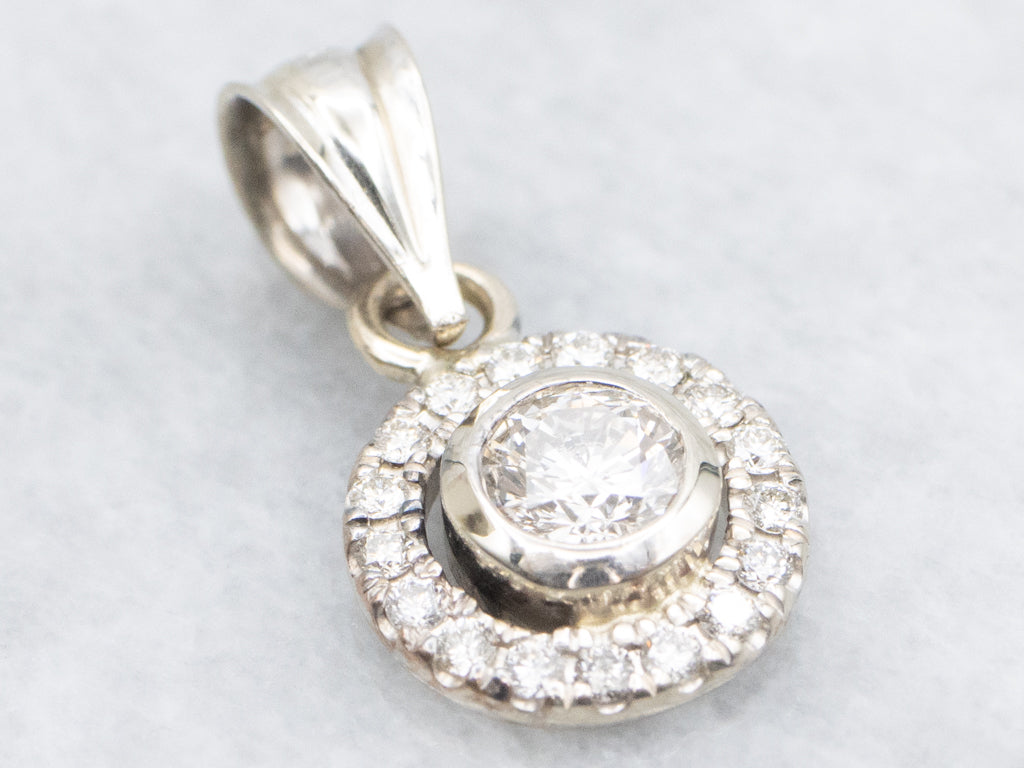 White Gold Bezel-Set Diamond Halo Pendant