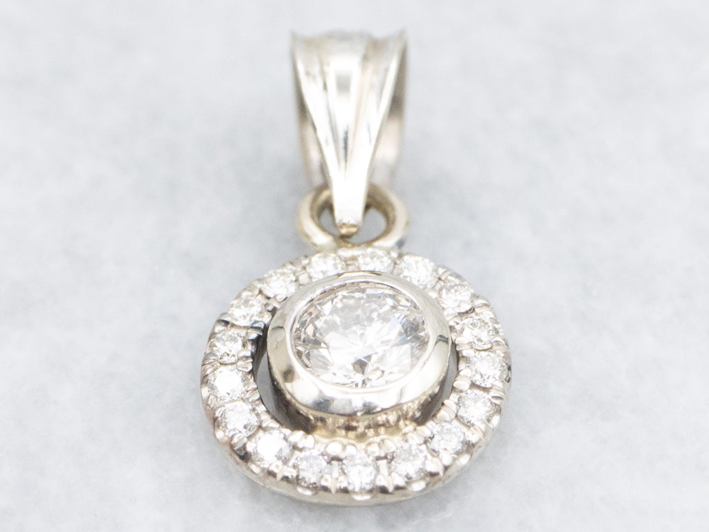 White Gold Bezel-Set Diamond Halo Pendant