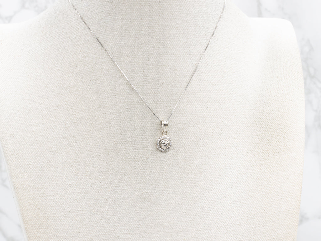 White Gold Bezel-Set Diamond Halo Pendant