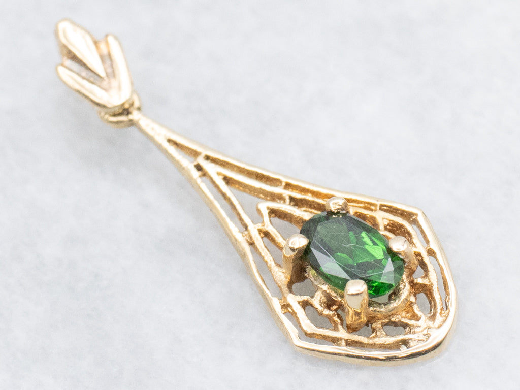 Antique Gold Filigree Diopside Drop Lavalier Pendant