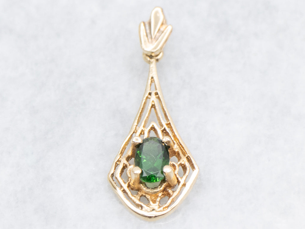 Antique Gold Filigree Diopside Drop Lavalier Pendant