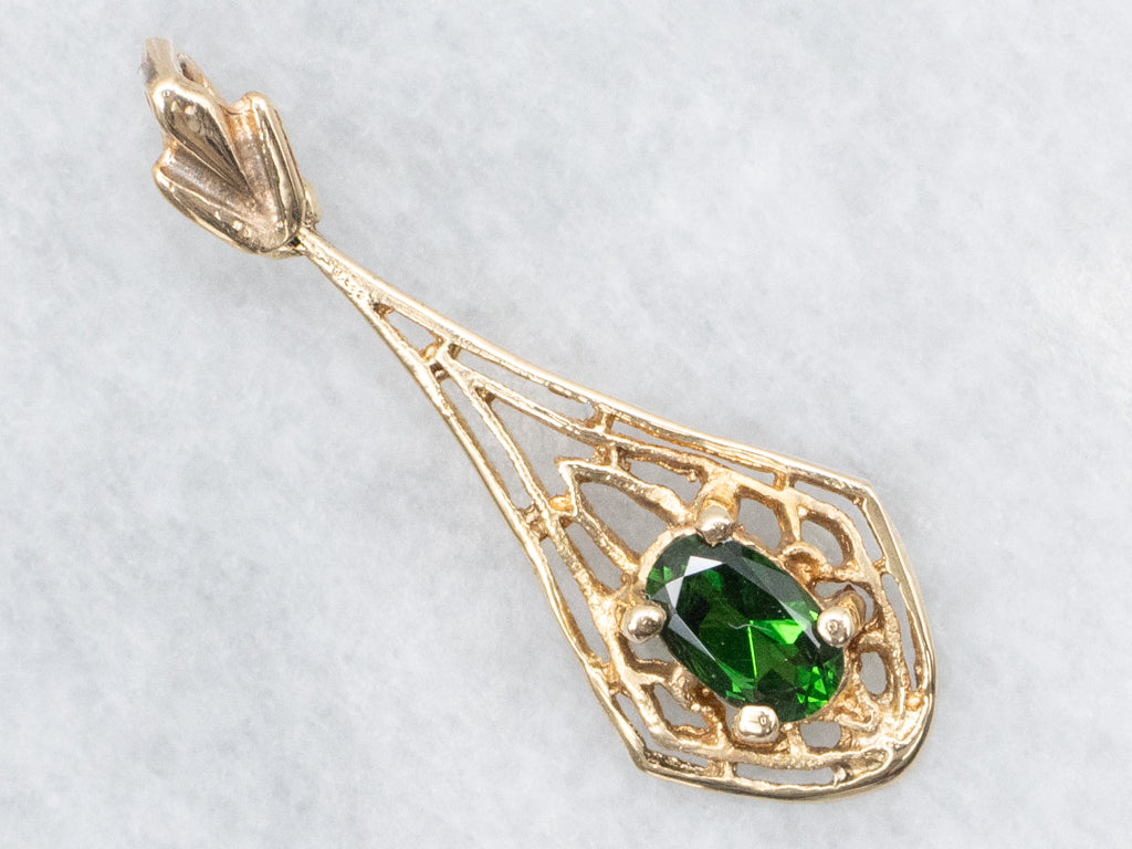 Antique Gold Filigree Diopside Drop Lavalier Pendant