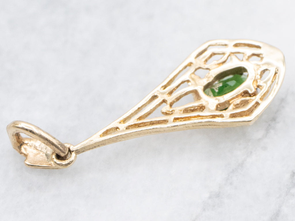 Antique Gold Filigree Diopside Drop Lavalier Pendant