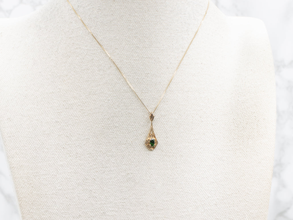 Antique Gold Filigree Diopside Drop Lavalier Pendant
