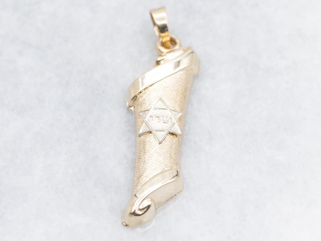 Vintage Gold Torah Scroll Mezuzah Pendant