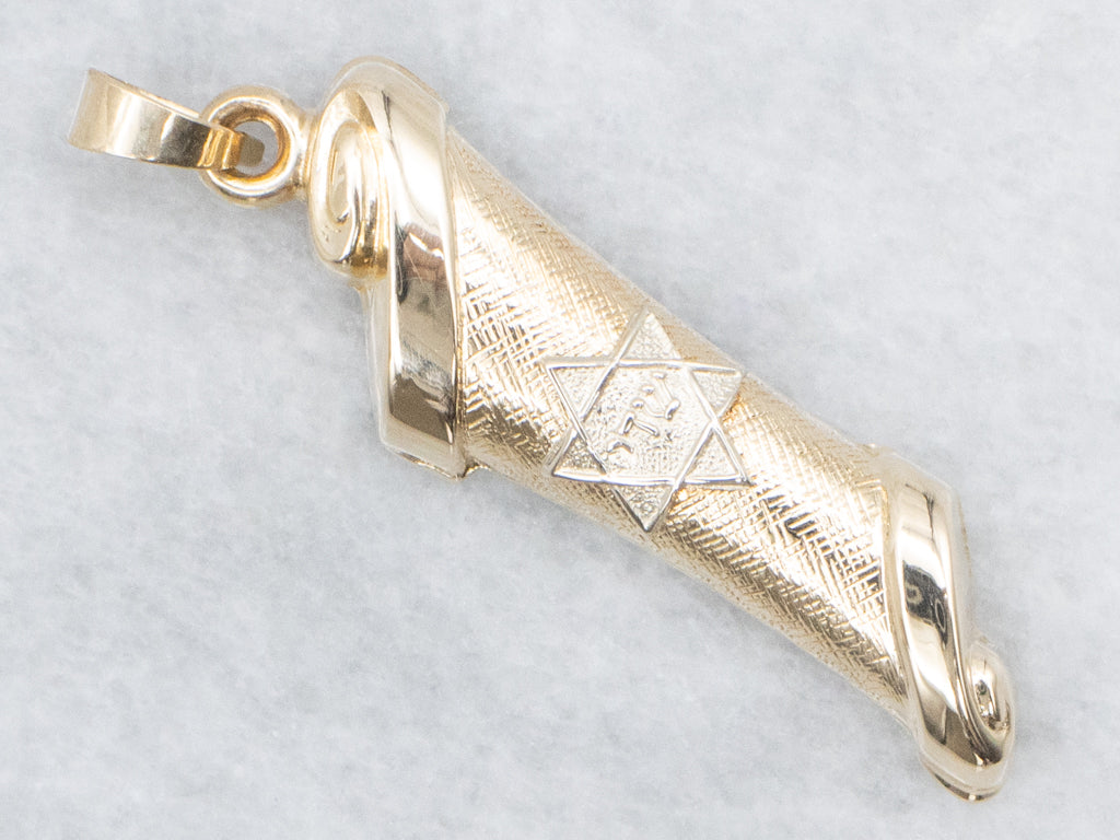Vintage Gold Torah Scroll Mezuzah Pendant
