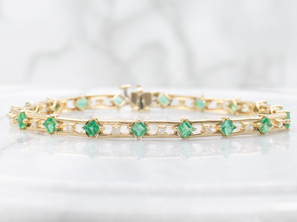Emerald and Diamond Yellow Gold Link Bracelet