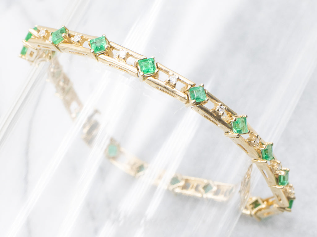 Emerald and Diamond Yellow Gold Link Bracelet