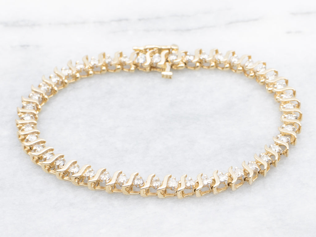 Gold Curved-Bar Link Diamond Tennis Bracelet