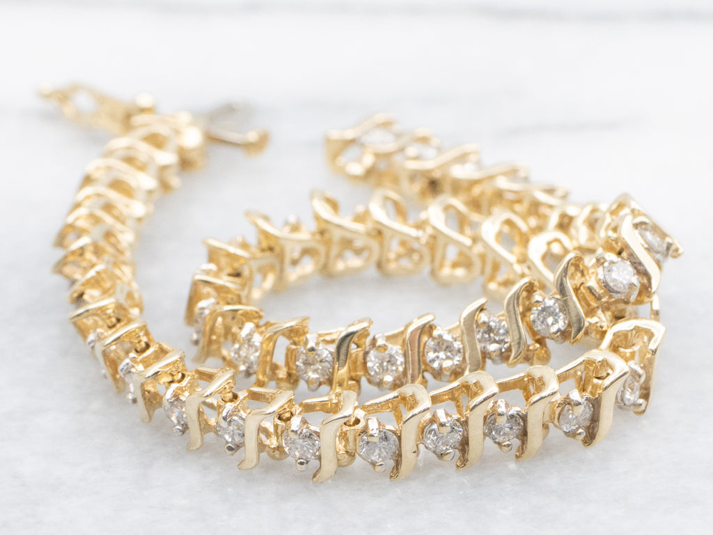 Gold Curved-Bar Link Diamond Tennis Bracelet
