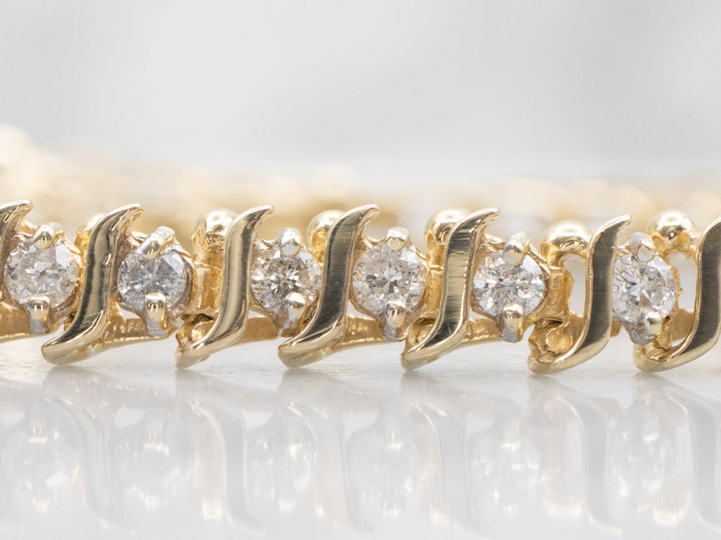 Gold Curved-Bar Link Diamond Tennis Bracelet